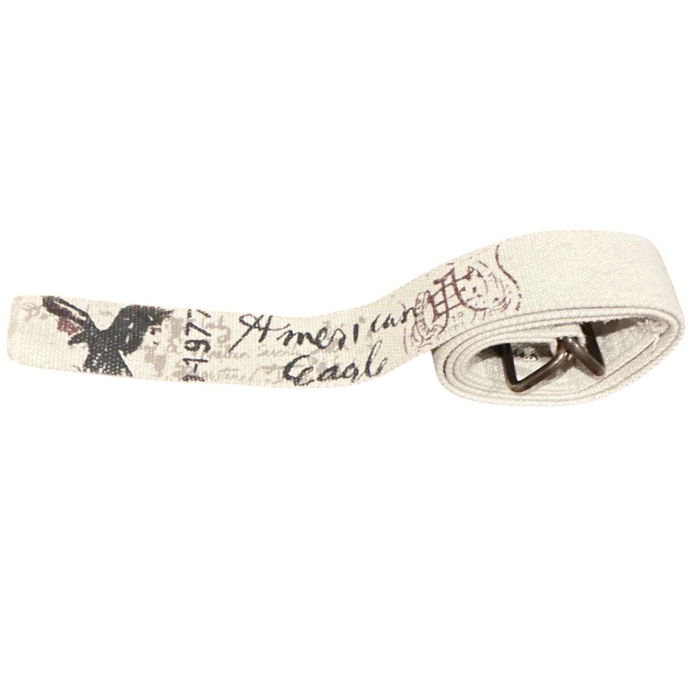 American Eagle Mens White Canvas D-Ring Belt Graphic Print Eagle 1977 Adjustable